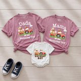 Custom Farm Birthday Matching Family Shirts with Tractor Design, Soft Cotton Mama Dada Tees and Baby Boy Romper for 1st Birthday