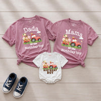 Custom Farm Birthday Matching Family Shirts with Tractor Design, Soft Cotton Mama Dada Tees and Baby Boy Romper for 1st Birthday
