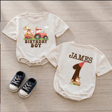 Custom Farm Birthday Matching Family Shirts with Tractor Design, Soft Cotton Mama Dada Tees and Baby Boy Romper for 1st Birthday