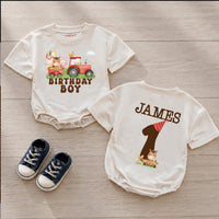 Custom Farm Birthday Matching Family Shirts with Tractor Design, Soft Cotton Mama Dada Tees and Baby Boy Romper for 1st Birthday