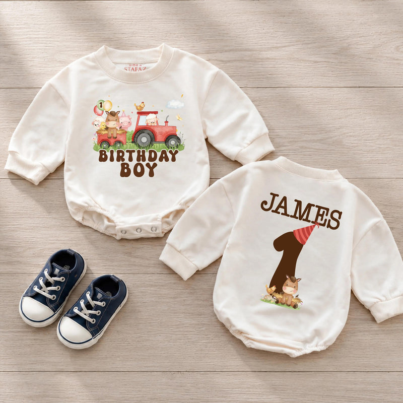 Custom Farm Birthday Matching Family Shirts with Tractor Design, Soft Cotton Mama Dada Tees and Baby Boy Romper for 1st Birthday