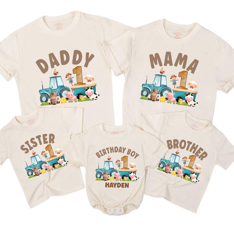 Custom Farm Tractor 1st Birthday Matching Family Shirts, Baby Romper, Kids' Tee, Mama Daddy Outfits, Soft Cotton Birthday Clothes