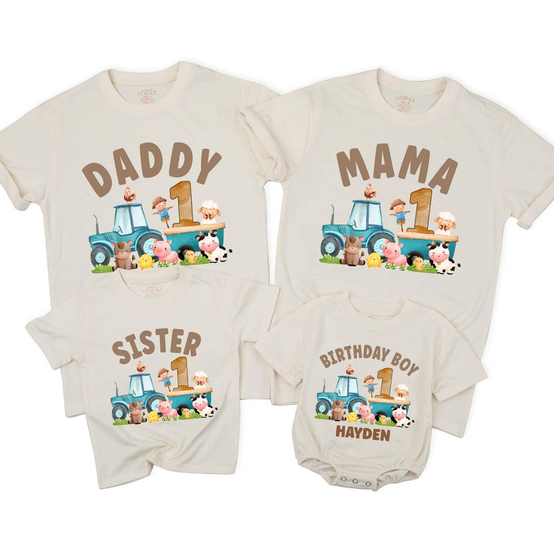 Custom Farm Tractor 1st Birthday Matching Family Shirts, Baby Romper, Kids' Tee, Mama Daddy Outfits, Soft Cotton Birthday Clothes