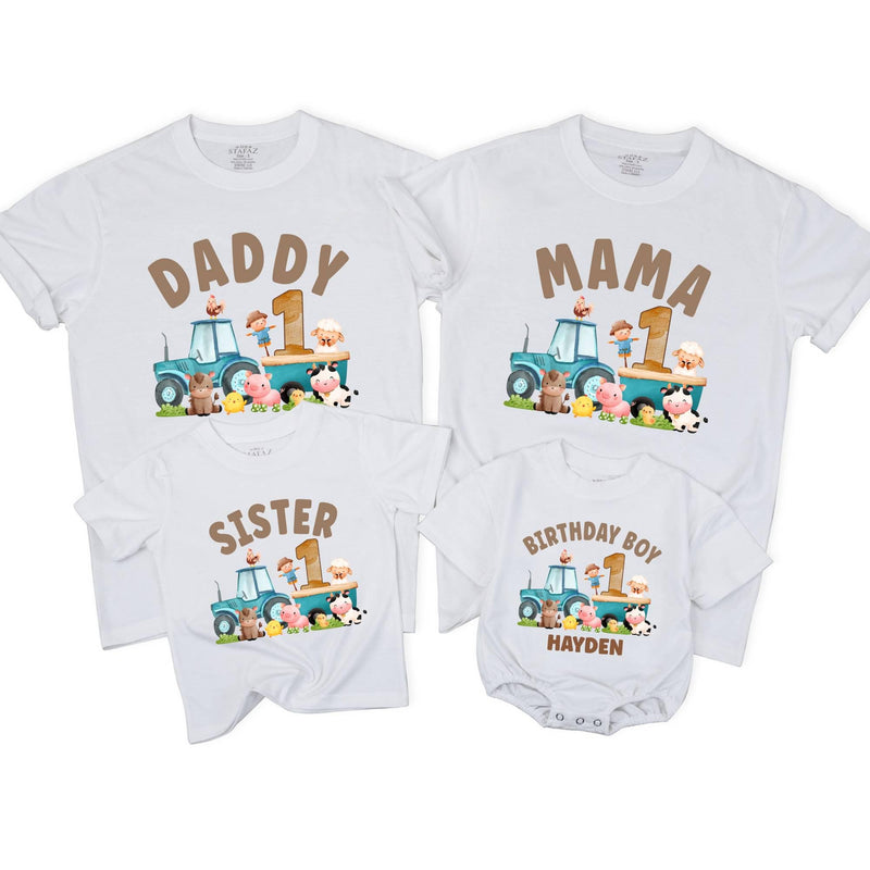 Custom Farm Tractor 1st Birthday Matching Family Shirts, Baby Romper, Kids' Tee, Mama Daddy Outfits, Soft Cotton Birthday Clothes