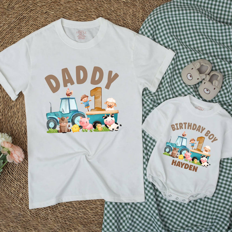 Custom Farm Tractor 1st Birthday Matching Family Shirts, Baby Romper, Kids' Tee, Mama Daddy Outfits, Soft Cotton Birthday Clothes