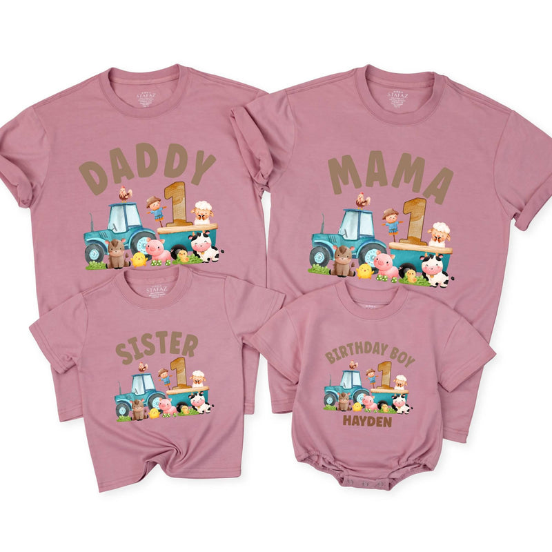 Custom Farm Tractor 1st Birthday Matching Family Shirts, Baby Romper, Kids' Tee, Mama Daddy Outfits, Soft Cotton Birthday Clothes