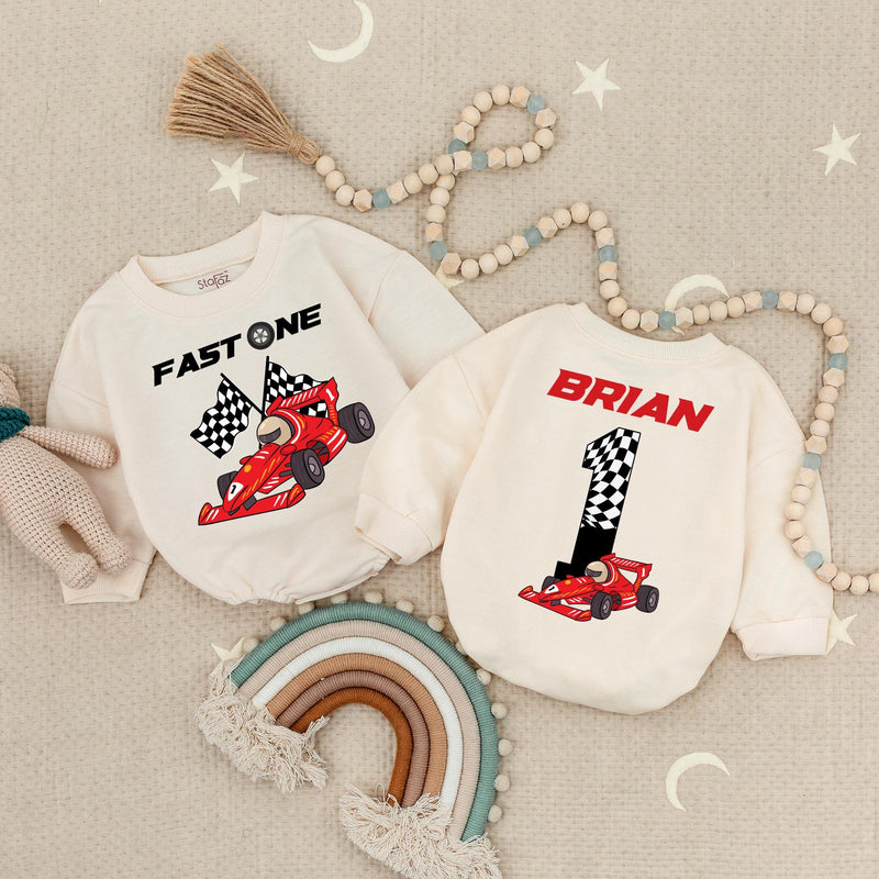 Custom Fast One Race Car Baby Romper with Brian's Name Birthday Outfit Vibrant Red Car Design Infant Party Clothes Soft Cotton 1st Celebration