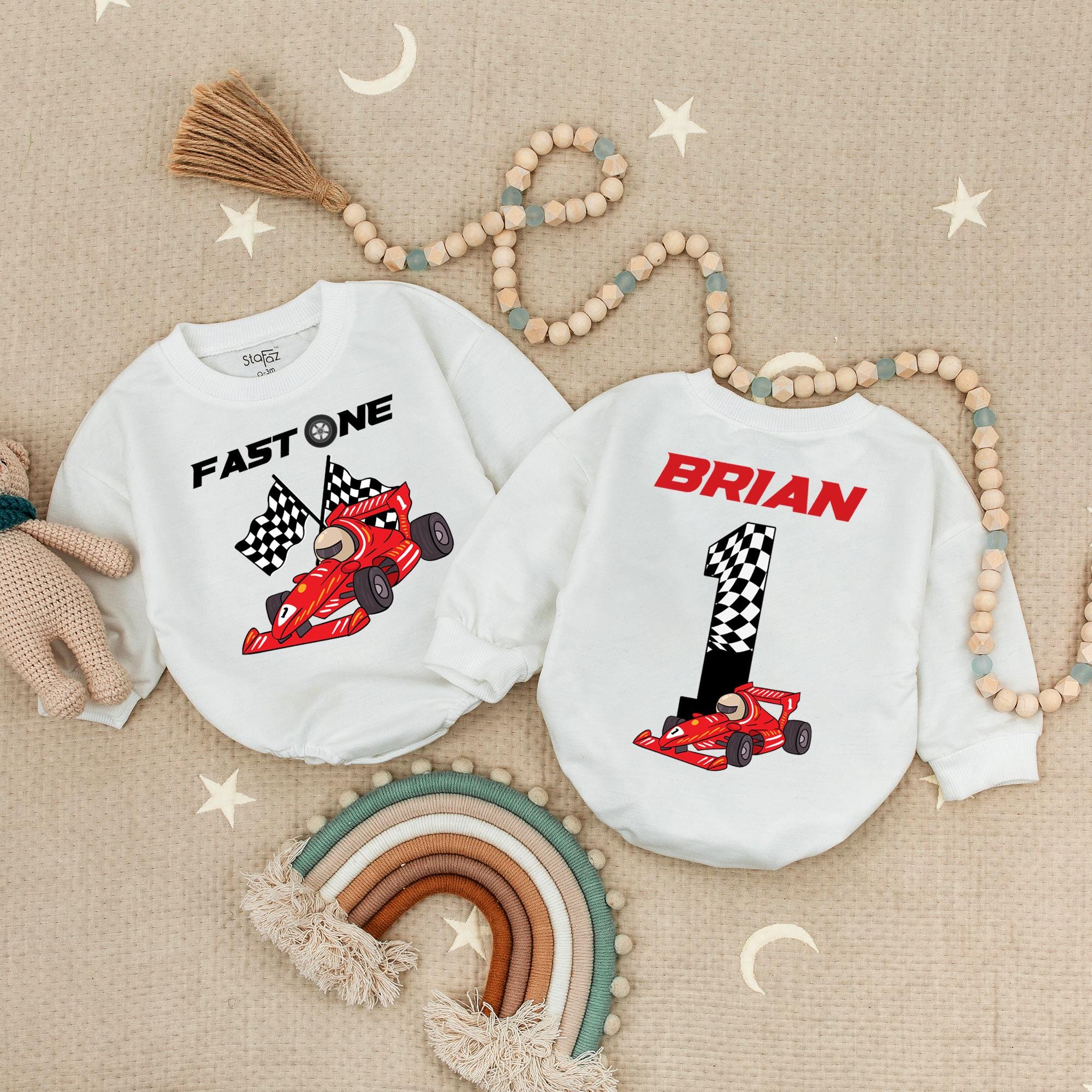 Custom Fast One Race Car Baby Romper with Brian's Name Birthday Outfit Vibrant Red Car Design Infant Party Clothes Soft Cotton 1st Celebration