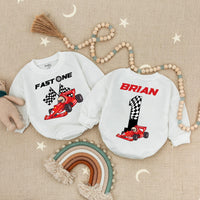 Custom Fast One Race Car Baby Romper with Brian's Name Birthday Outfit Vibrant Red Car Design Infant Party Clothes Soft Cotton 1st Celebration