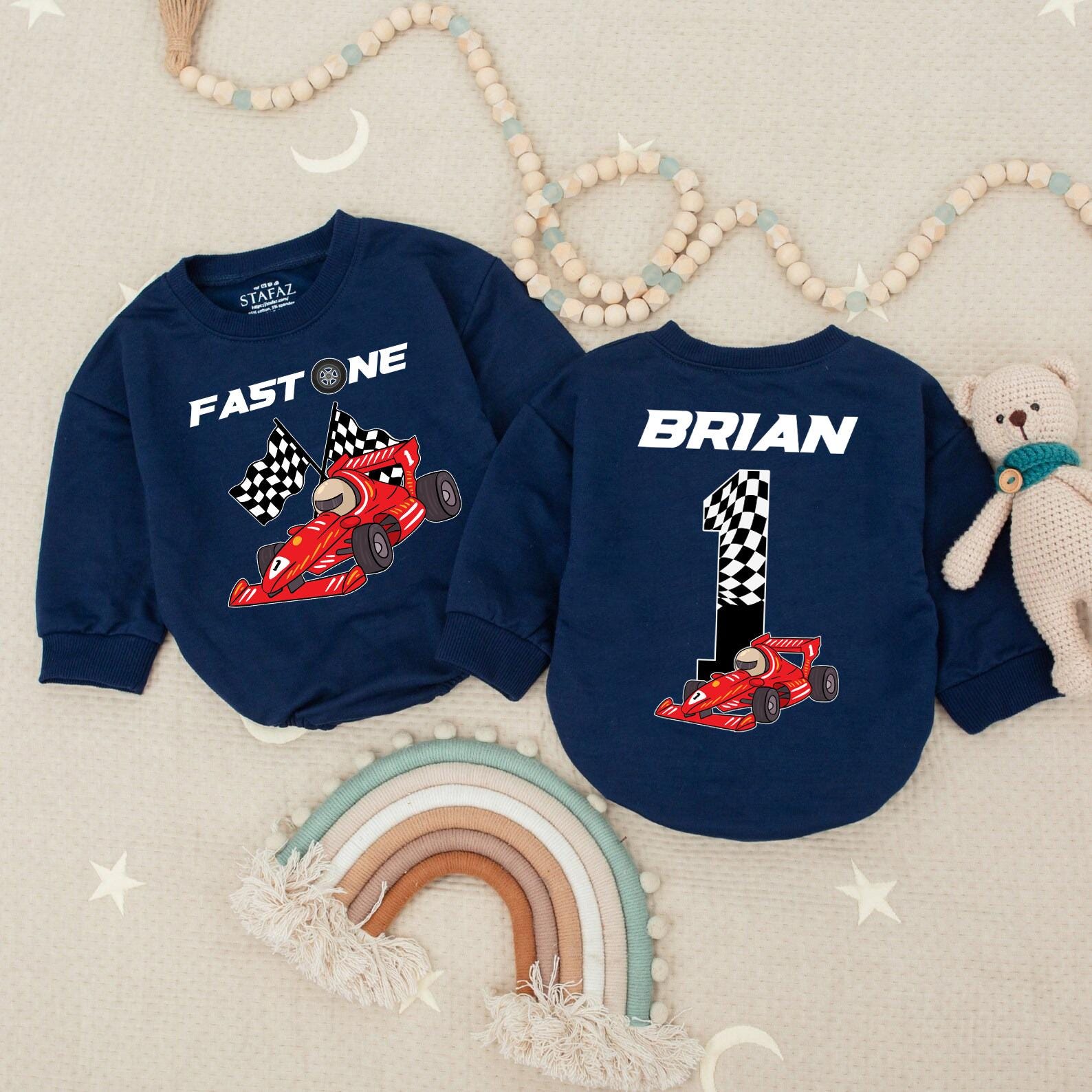 Custom Fast One Race Car Baby Romper with Brian's Name Birthday Outfit Vibrant Red Car Design Infant Party Clothes Soft Cotton 1st Celebration