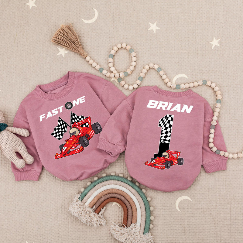 Custom Fast One Race Car Baby Romper with Brian's Name Birthday Outfit Vibrant Red Car Design Infant Party Clothes Soft Cotton 1st Celebration