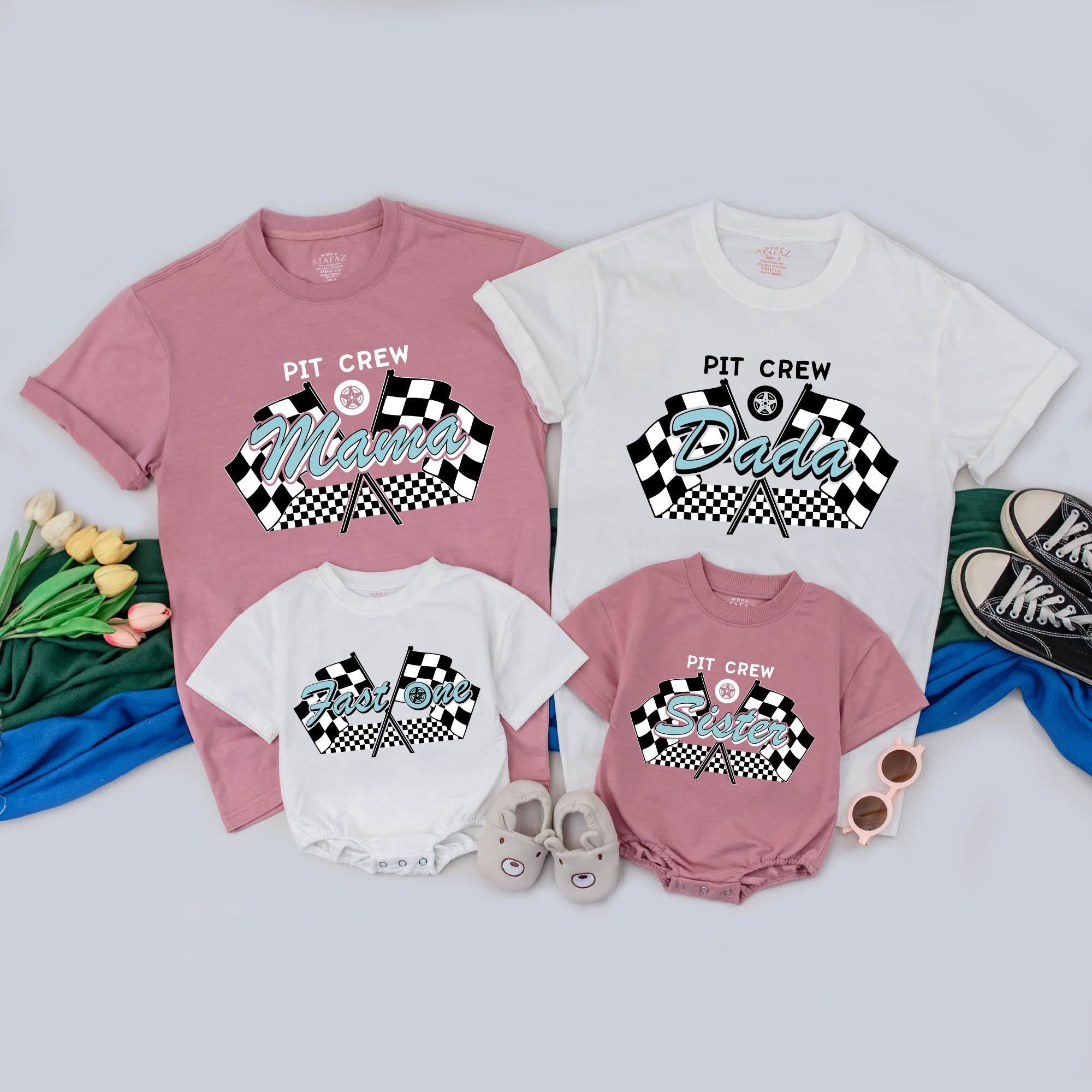 Custom Fast One Race Car Birthday Boy Romper Matching Family Outfit Oliver 1st Celebration Checkered Flag Black White Teal Design