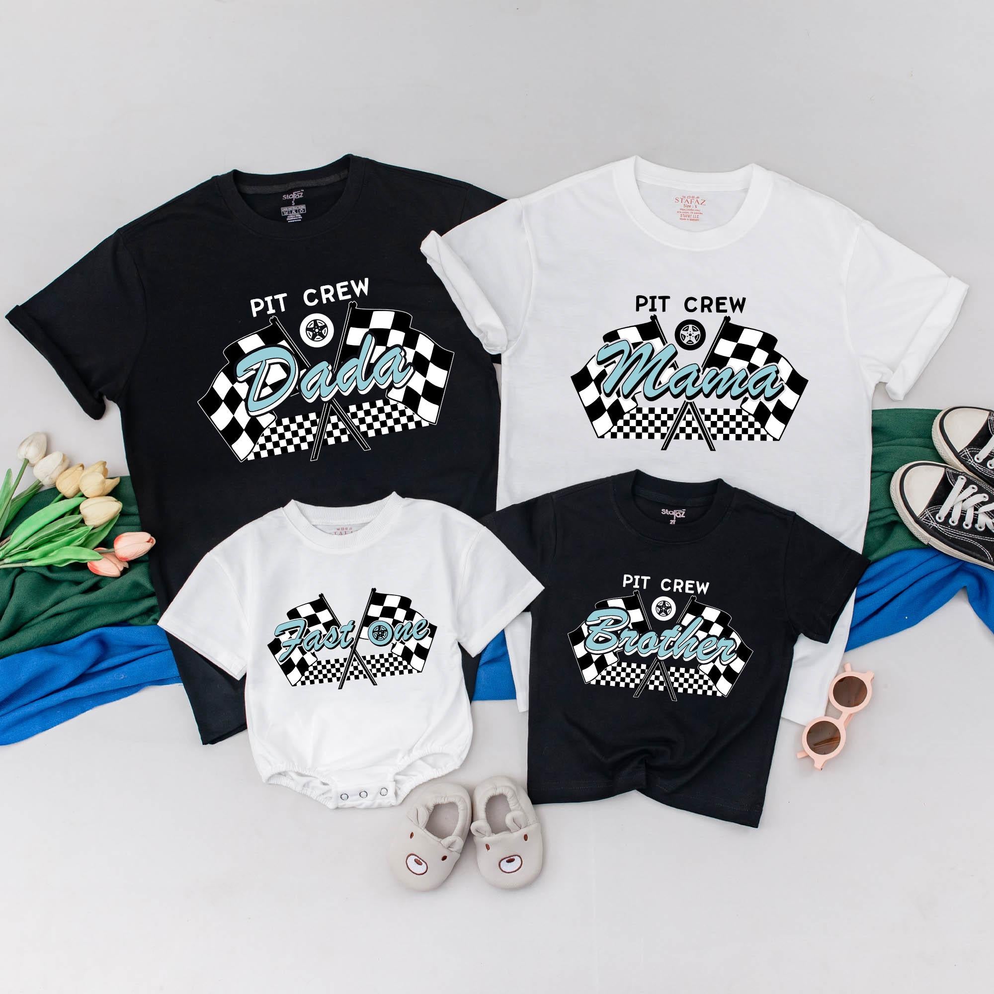 Custom Fast One Race Car Birthday Boy Romper Matching Family Outfit Oliver 1st Celebration Checkered Flag Black White Teal Design