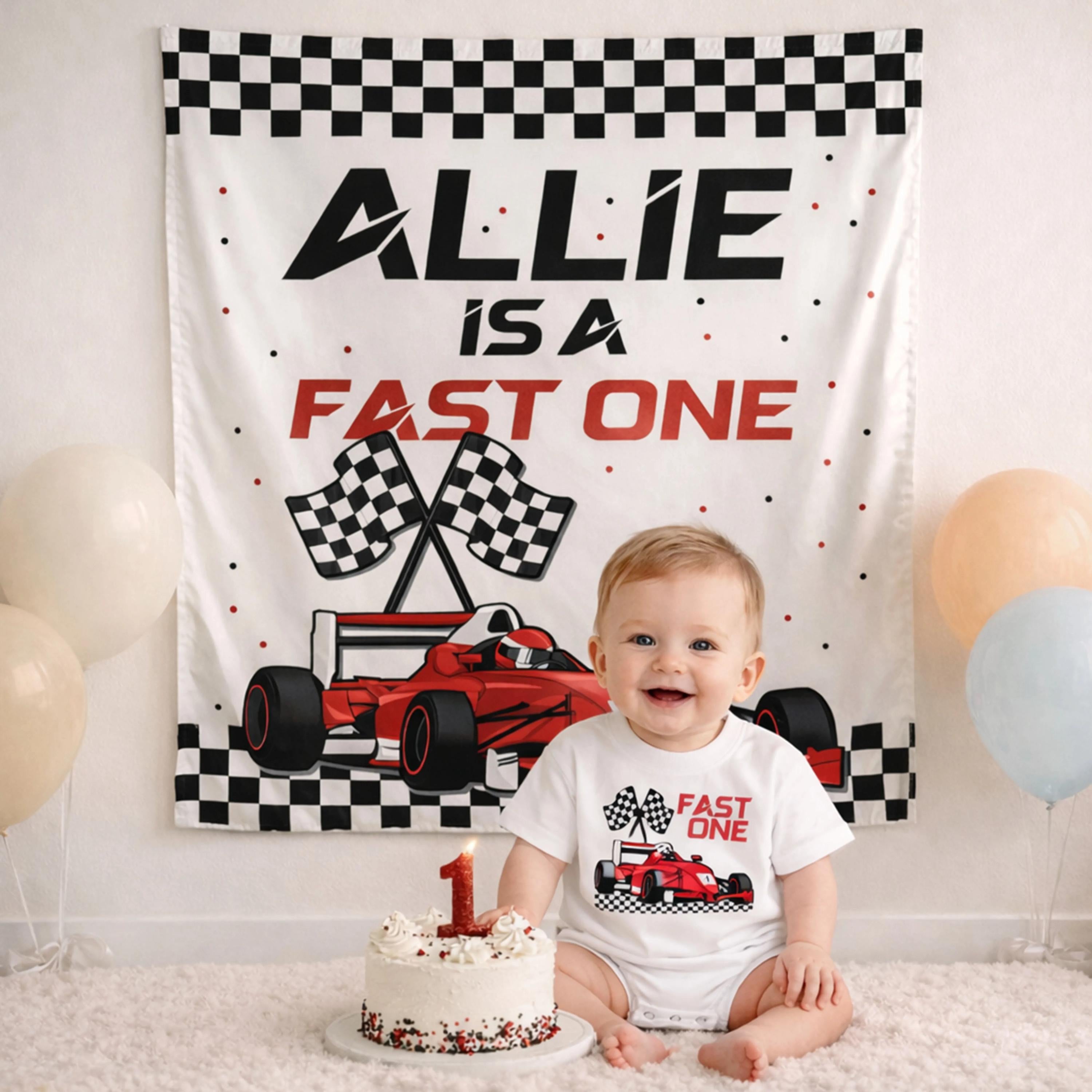 Custom Fast One Race Car Birthday Outfit with Silk Banner for Baby Boy Party, Red Formula 1 Racing Decor, Checkered Flag Design