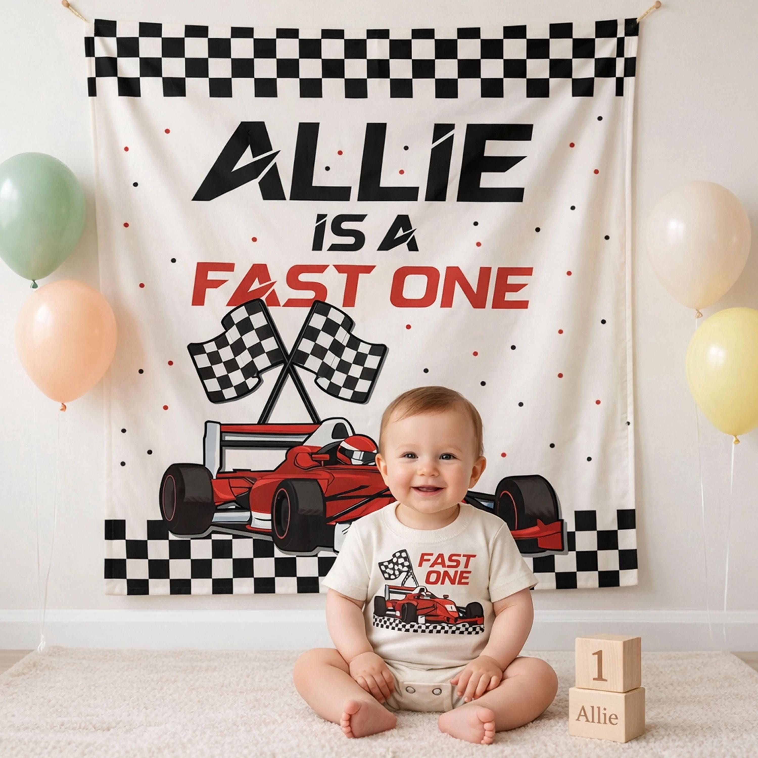 Custom Fast One Race Car Birthday Outfit with Silk Banner for Baby Boy Party, Red Formula 1 Racing Decor, Checkered Flag Design