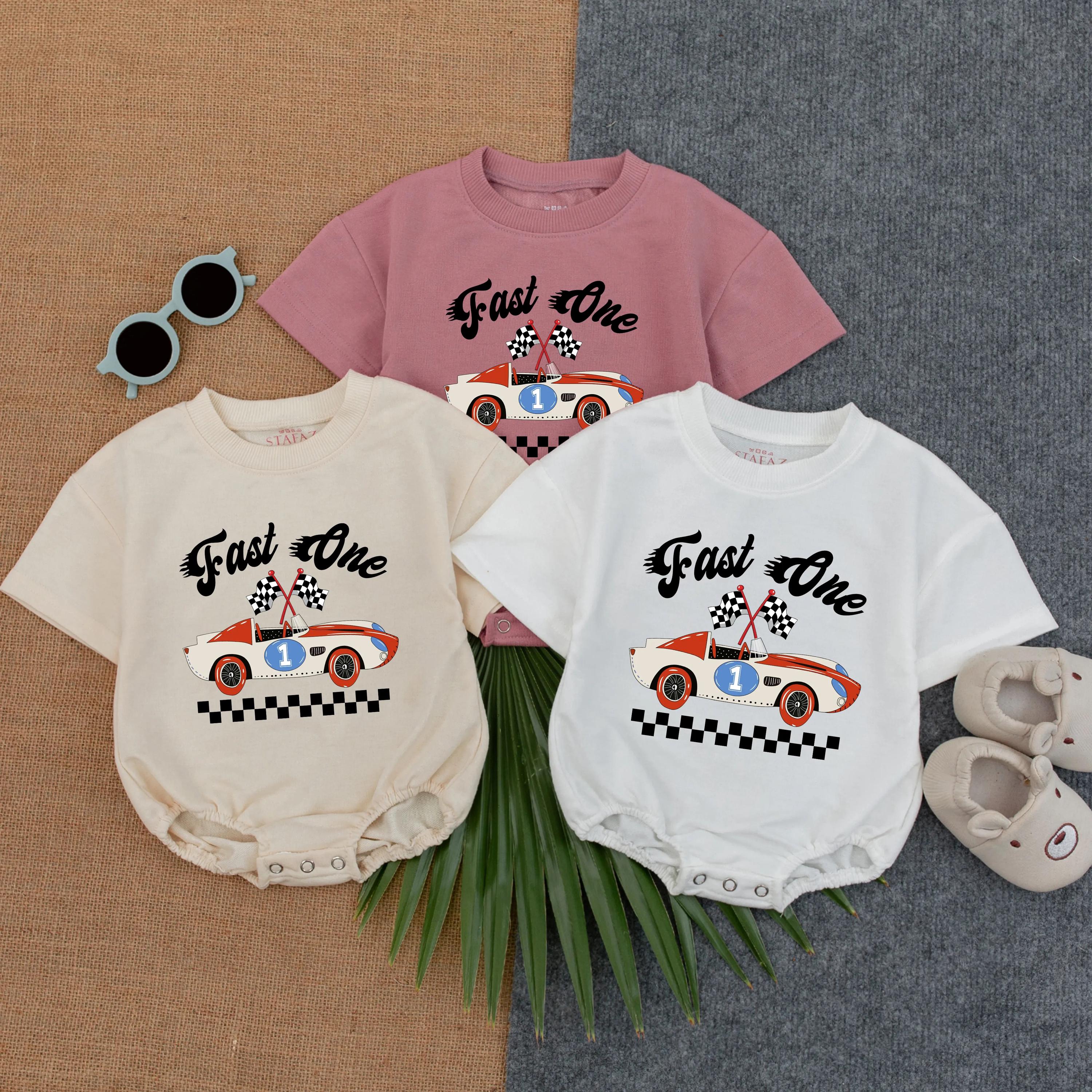 Custom Fast One Race Car Romper 1st Birthday Outfit for Baby Boy Personalized Gift with Checkered Flags and Name Thomas