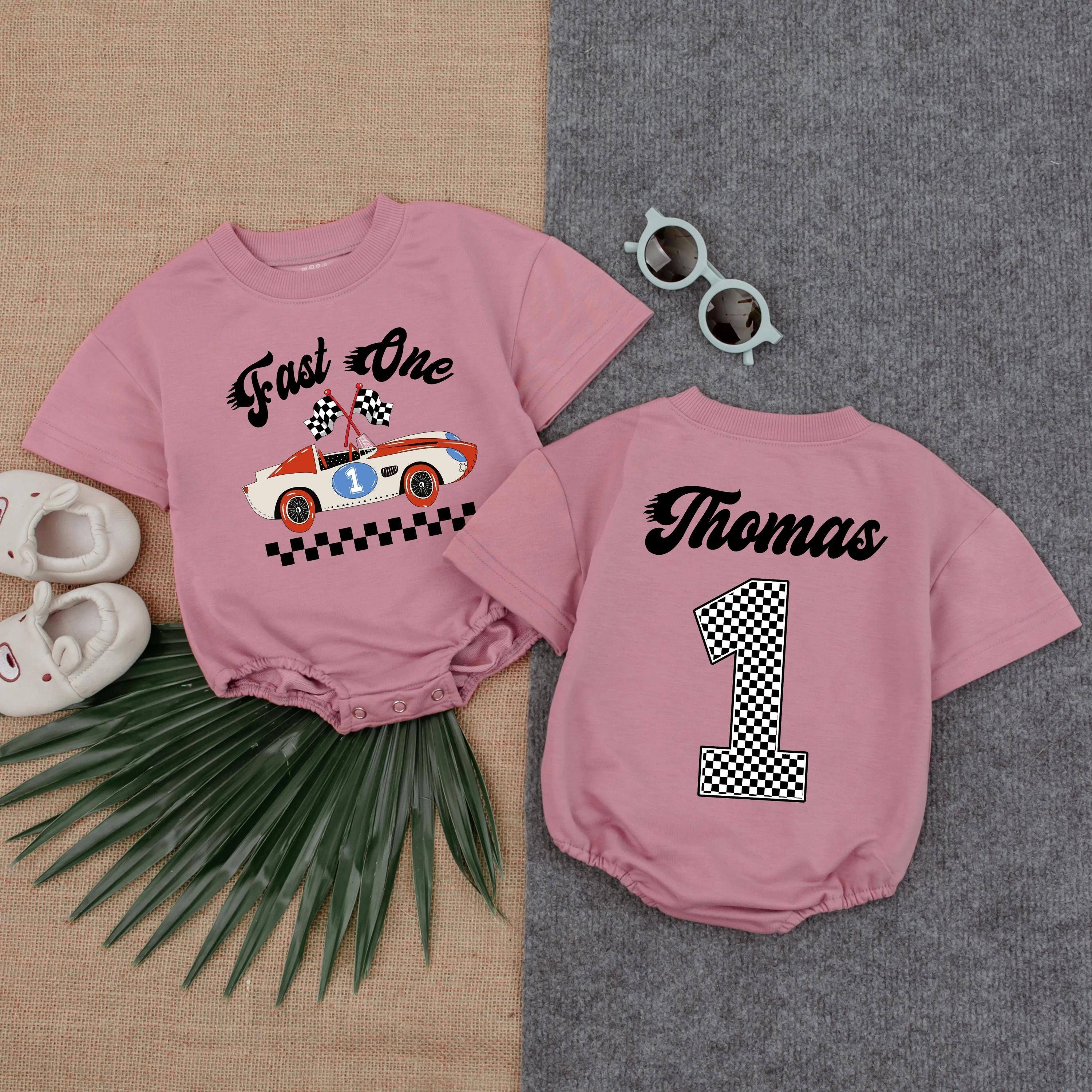 Custom Fast One Race Car Romper 1st Birthday Outfit for Baby Boy Personalized Gift with Checkered Flags and Name Thomas