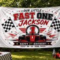 Custom Fast One Racing Silk Banner for Kids, Personalized 1st Birthday Backdrop with Name, Race Car Theme Party Decoration