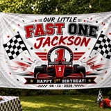 Custom Fast One Racing Silk Banner for Kids, Personalized 1st Birthday Backdrop with Name, Race Car Theme Party Decoration