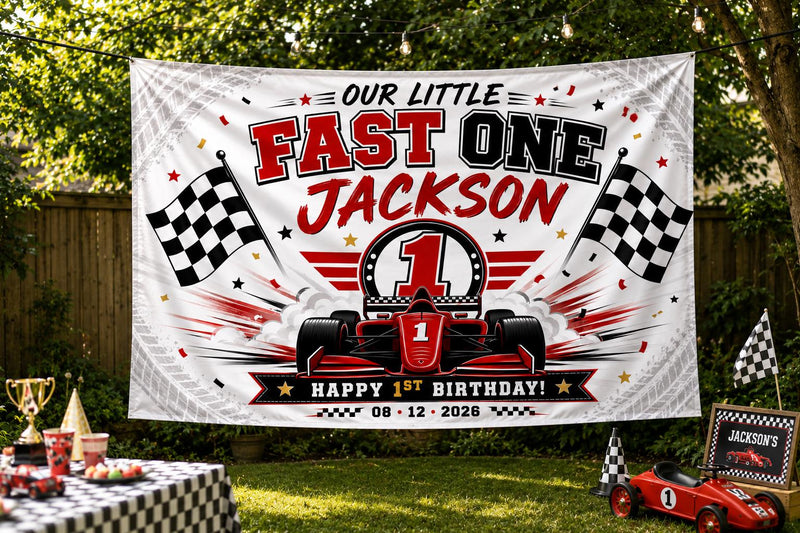 Custom Fast One Racing Silk Banner for Kids, Personalized 1st Birthday Backdrop with Name, Race Car Theme Party Decoration