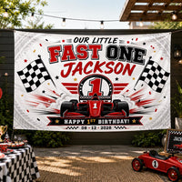 Custom Fast One Racing Silk Banner for Kids, Personalized 1st Birthday Backdrop with Name, Race Car Theme Party Decoration