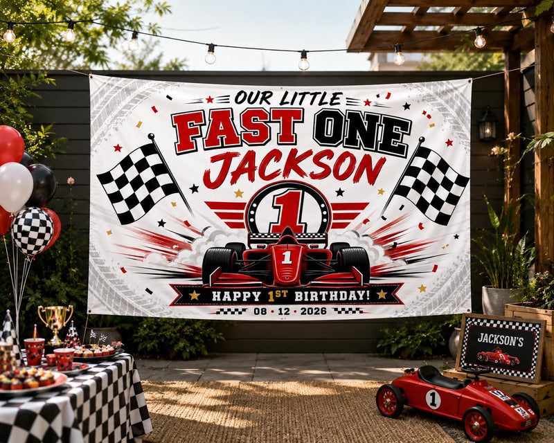 Custom Fast One Racing Silk Banner for Kids, Personalized 1st Birthday Backdrop with Name, Race Car Theme Party Decoration
