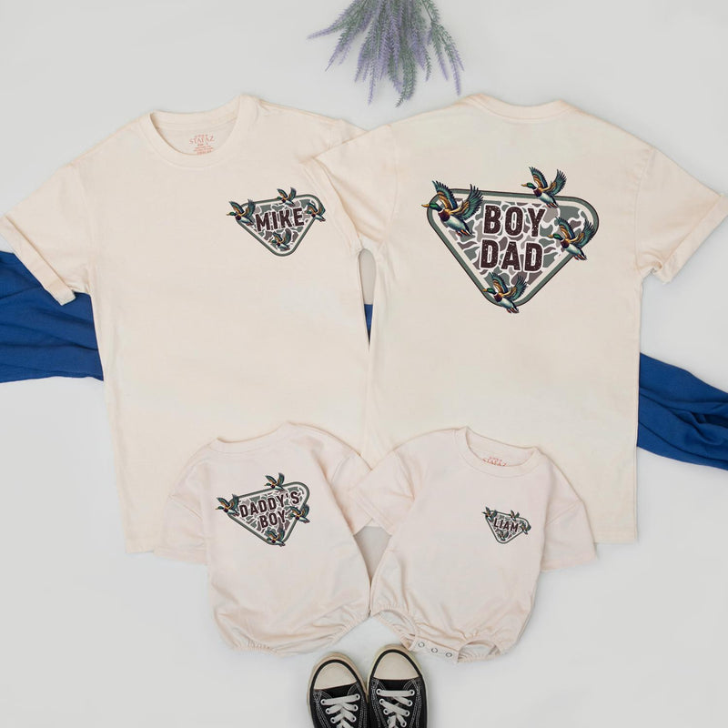 Custom Father Son Matching Shirts and Baby Romper with Mallard Duck Design, Boy Dad Outfit, Rustic Camo Style for New Dad Gift or Family Photos