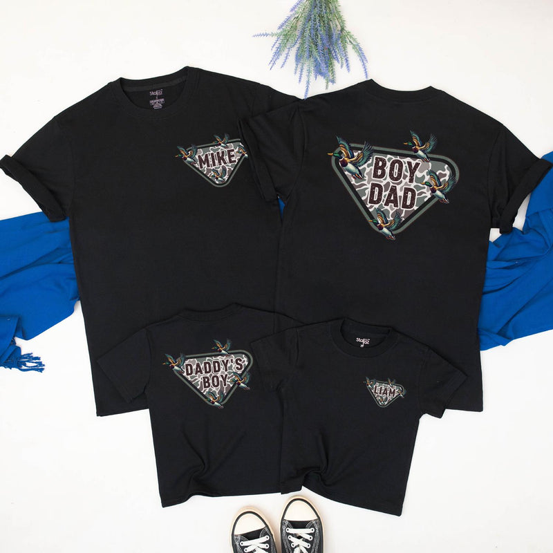 Custom Father Son Matching Shirts and Baby Romper with Mallard Duck Design, Boy Dad Outfit, Rustic Camo Style for New Dad Gift or Family Photos