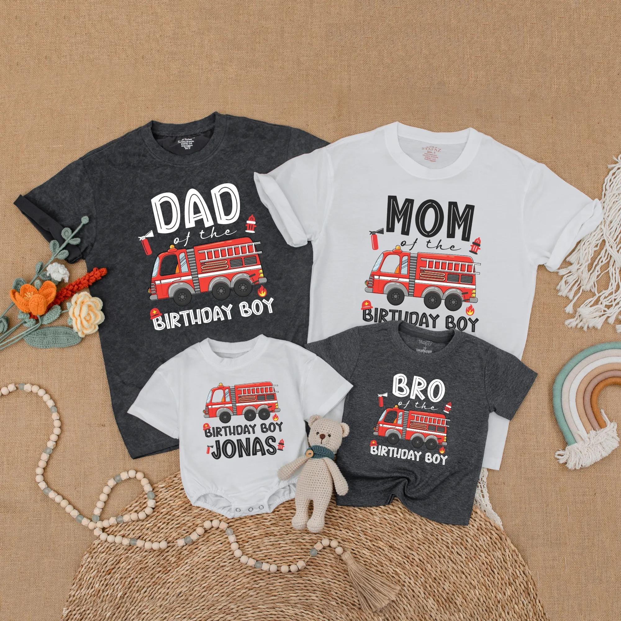 Custom Fire Truck Birthday Shirt for Family Personalized Matching Outfit for Boys Celebration with Red and Black Design