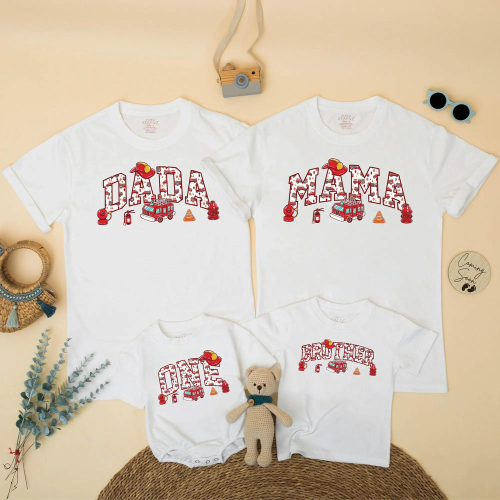 Custom Fire Truck Birthday Shirt for Kids and Family, Personalized Dada Mama Matching Tees, Firefighter Theme Party Outfit Birthday Gift