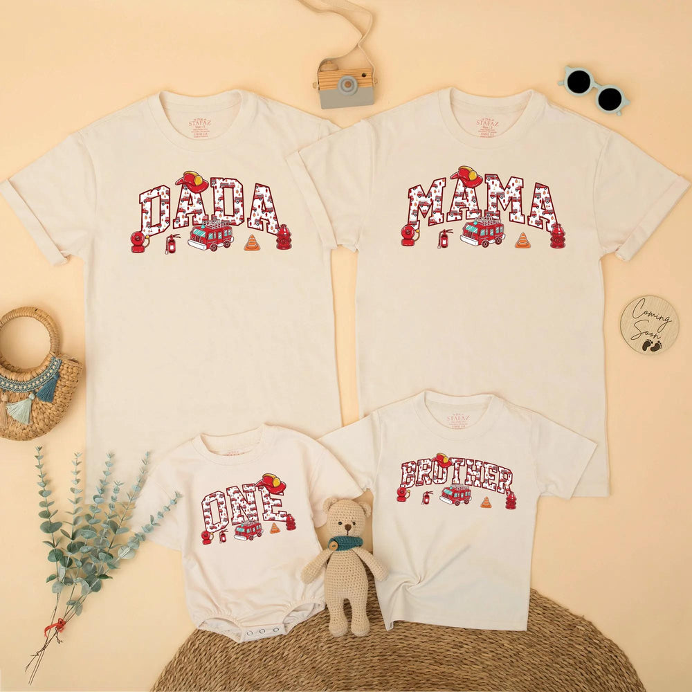 Custom Fire Truck Birthday Shirt for Kids and Family, Personalized Dada Mama Matching Tees, Firefighter Theme Party Outfit Birthday Gift