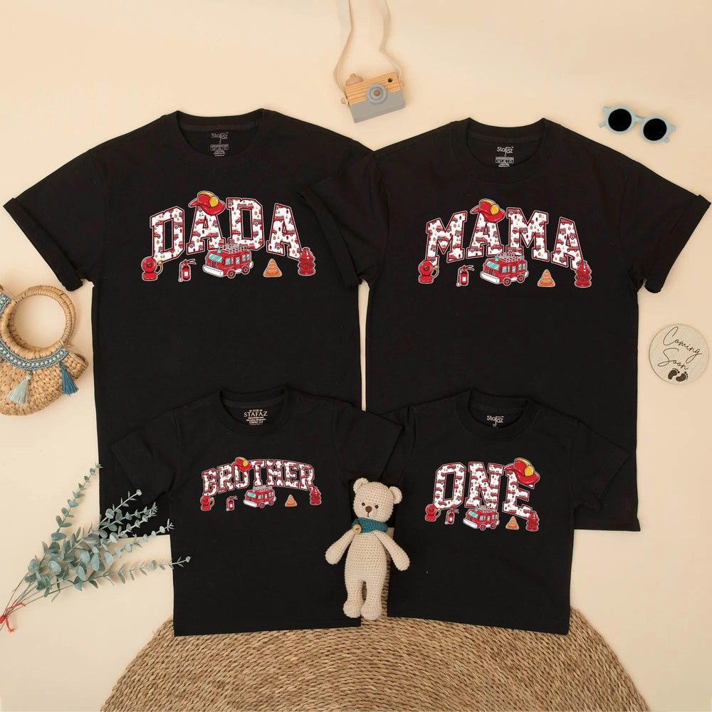 Custom Fire Truck Birthday Shirt for Kids and Family, Personalized Dada Mama Matching Tees, Firefighter Theme Party Outfit Birthday Gift