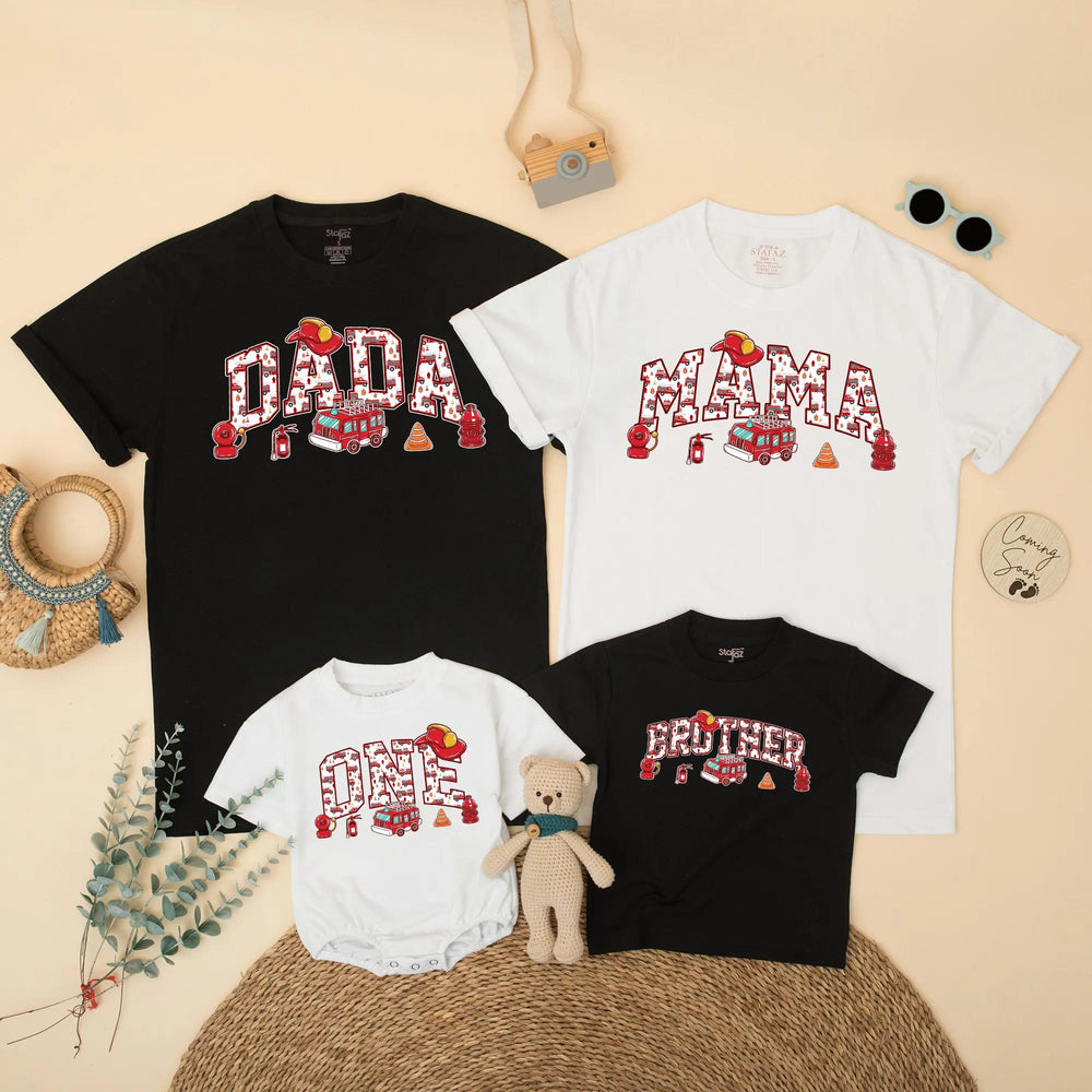 Custom Fire Truck Birthday Shirt for Kids and Family, Personalized Dada Mama Matching Tees, Firefighter Theme Party Outfit Birthday Gift