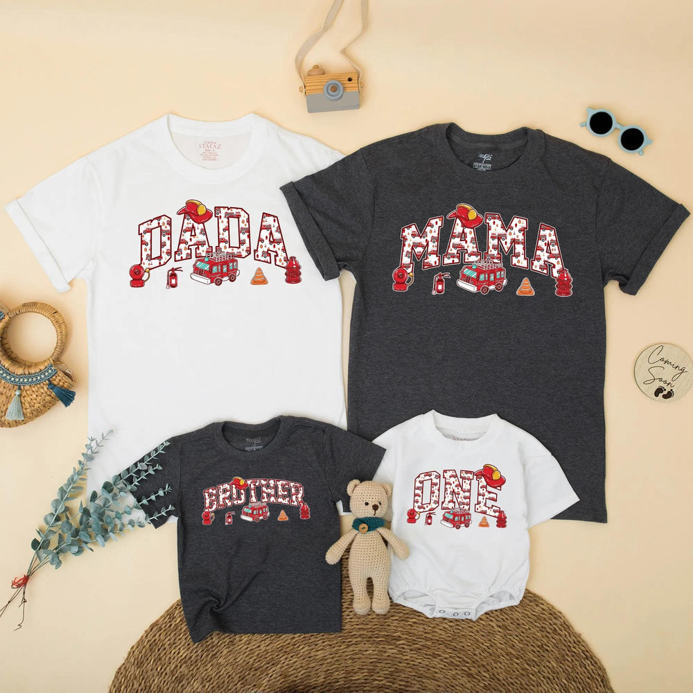 Custom Fire Truck Birthday Shirt for Kids and Family, Personalized Dada Mama Matching Tees, Firefighter Theme Party Outfit Birthday Gift