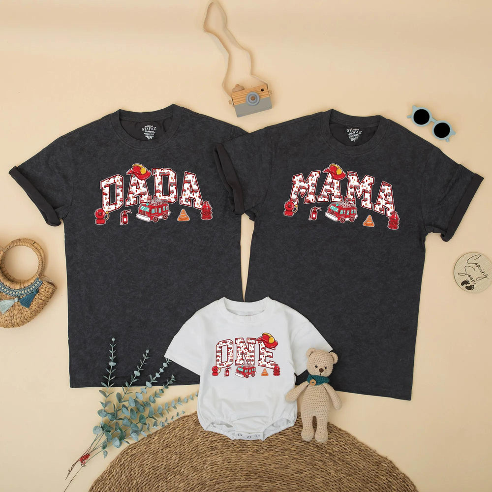 Custom Fire Truck Birthday Shirt for Kids and Family, Personalized Dada Mama Matching Tees, Firefighter Theme Party Outfit Birthday Gift
