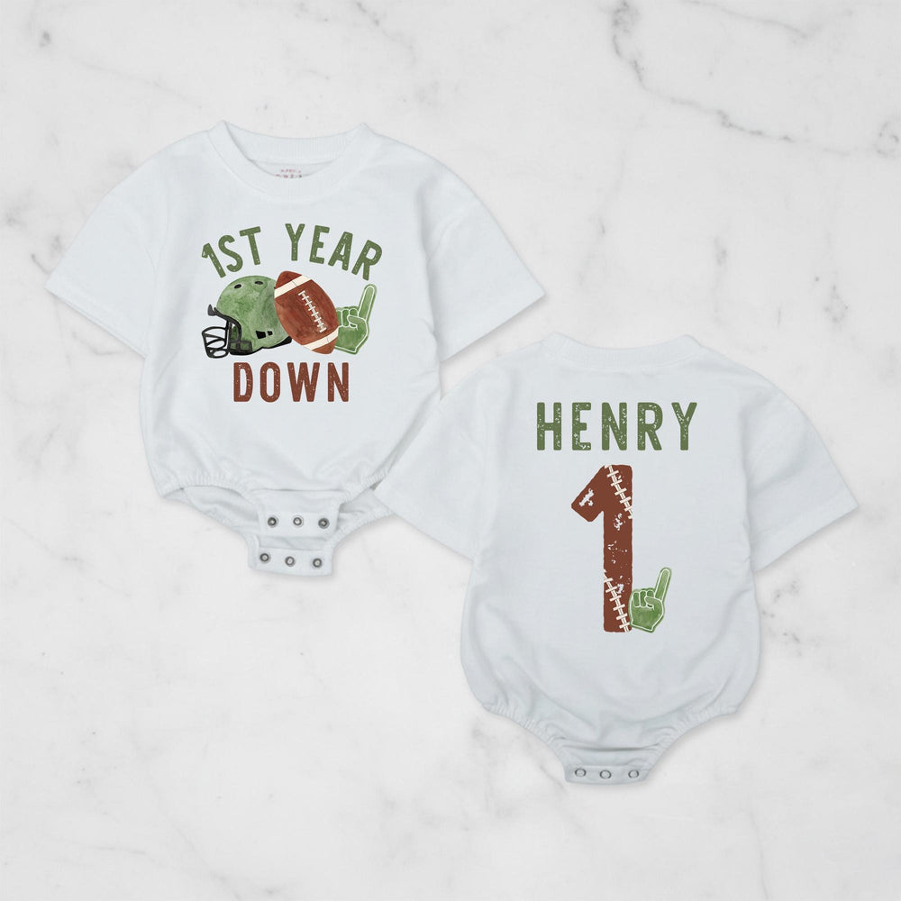 Custom First Birthday Football Romper for Baby Boys or Girls Vintage Game Day Outfit Soft Cotton Personalized Name Gift Keepsake