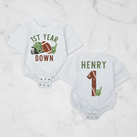 Custom First Birthday Football Romper for Baby Boys or Girls Vintage Game Day Outfit Soft Cotton Personalized Name Gift Keepsake