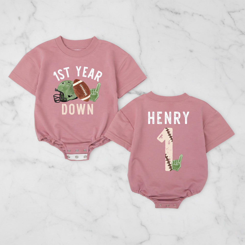 Custom First Birthday Football Romper for Baby Boys or Girls Vintage Game Day Outfit Soft Cotton Personalized Name Gift Keepsake