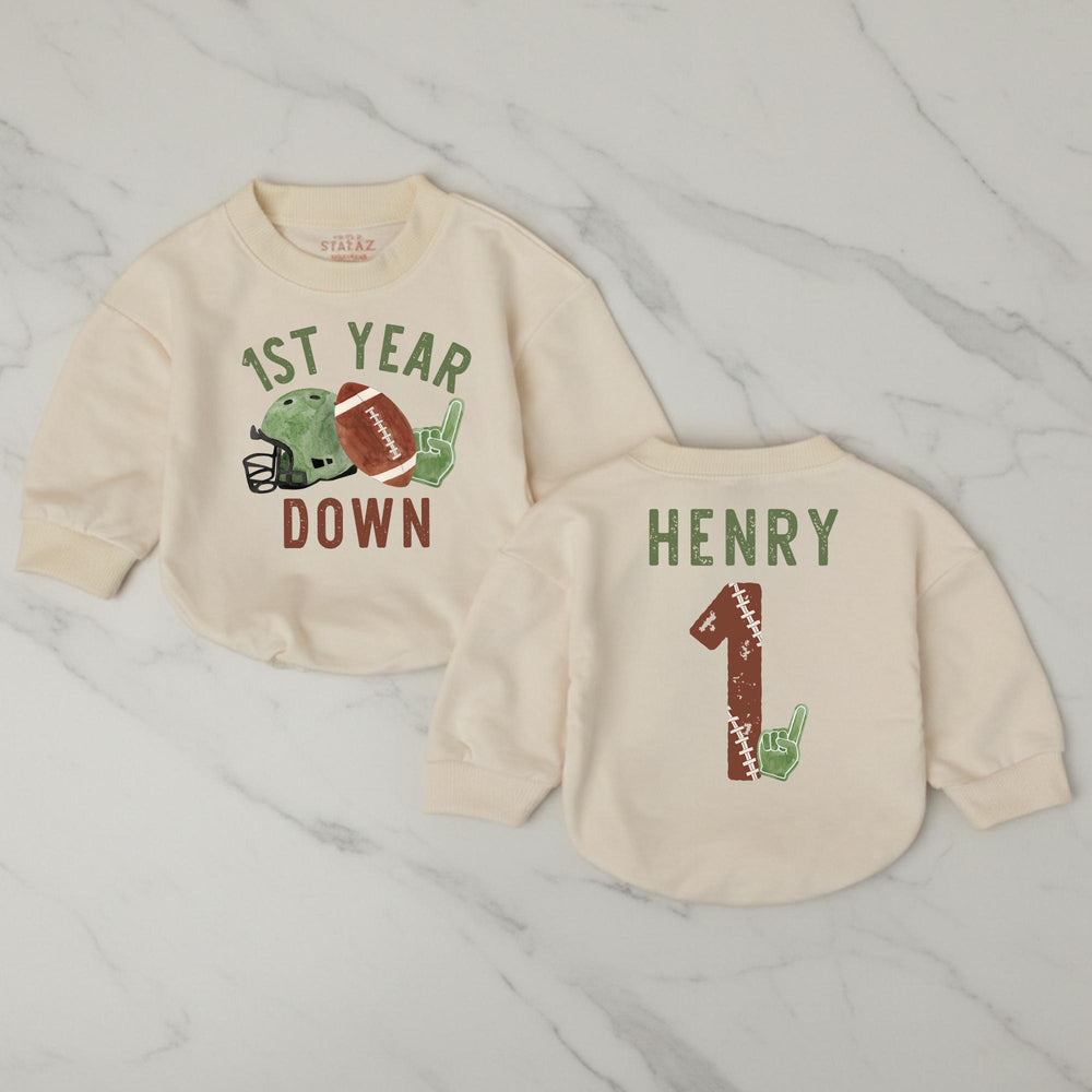 Custom First Birthday Football Romper for Baby Boys or Girls Vintage Game Day Outfit Soft Cotton Personalized Name Gift Keepsake
