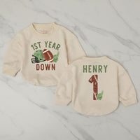 Custom First Birthday Football Romper for Baby Boys or Girls Vintage Game Day Outfit Soft Cotton Personalized Name Gift Keepsake