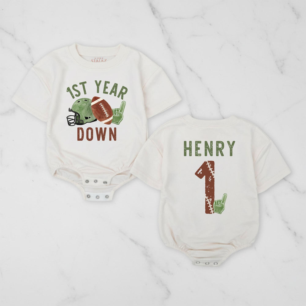 Custom First Birthday Football Romper for Baby Boys or Girls Vintage Game Day Outfit Soft Cotton Personalized Name Gift Keepsake