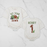 Custom First Birthday Football Romper for Baby Boys or Girls Vintage Game Day Outfit Soft Cotton Personalized Name Gift Keepsake