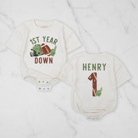 Custom First Birthday Football Romper for Baby Boys or Girls Vintage Game Day Outfit Soft Cotton Personalized Name Gift Keepsake