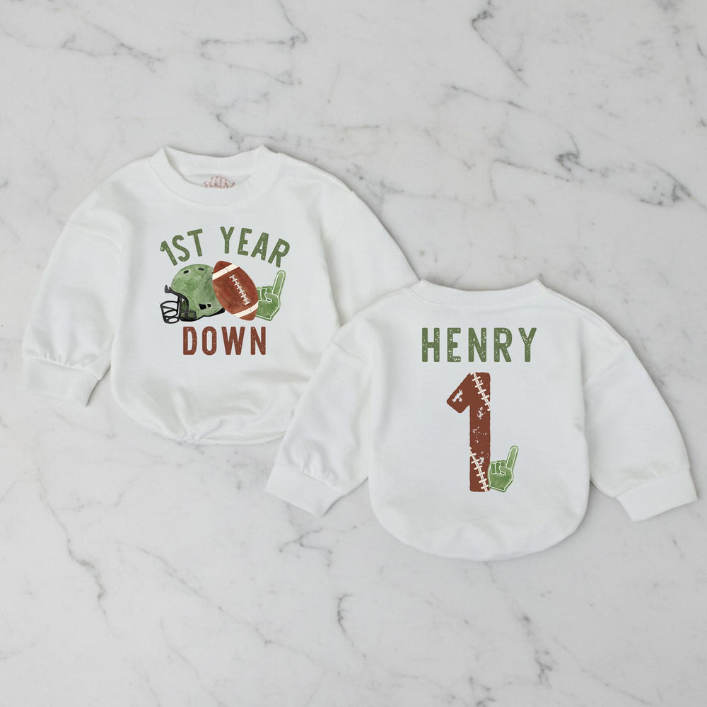 Custom First Birthday Football Romper for Baby Boys or Girls Vintage Game Day Outfit Soft Cotton Personalized Name Gift Keepsake