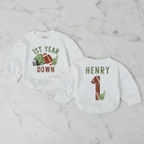 Custom First Birthday Football Romper for Baby Boys or Girls Vintage Game Day Outfit Soft Cotton Personalized Name Gift Keepsake