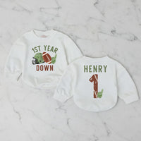 Custom First Birthday Football Romper for Baby Boys or Girls Vintage Game Day Outfit Soft Cotton Personalized Name Gift Keepsake