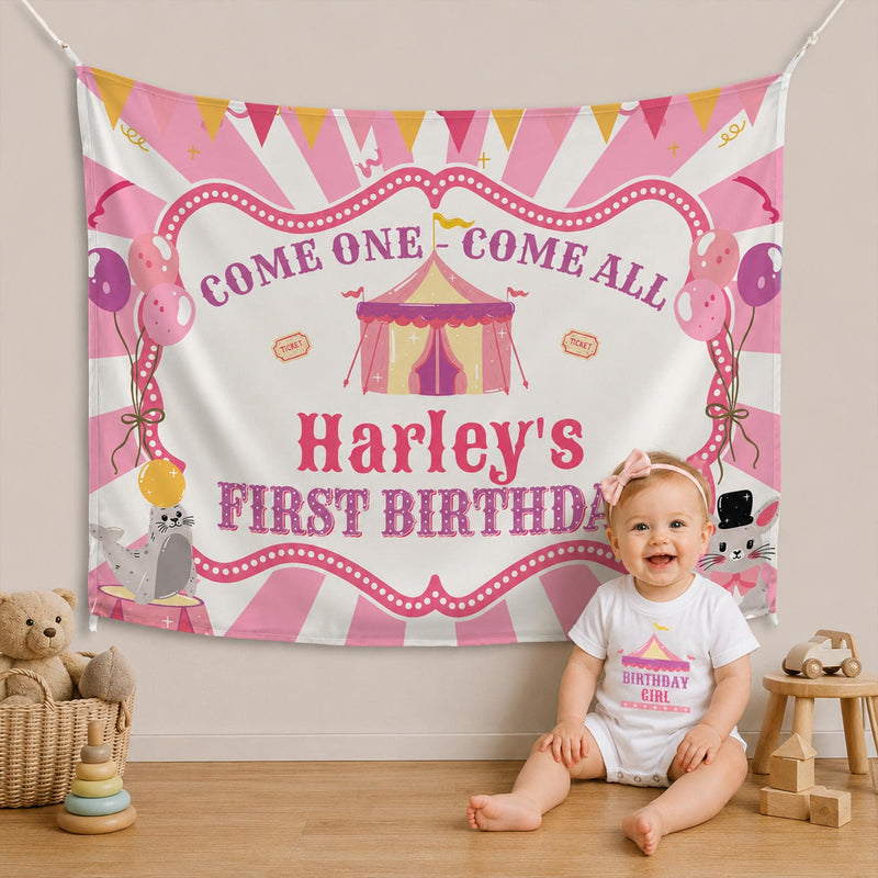 Custom First Birthday Girl Shirt with Pastel Circus Tent Design, Soft Pink Carnival Outfit, Baby Party Banner and Big Top Theme Decor