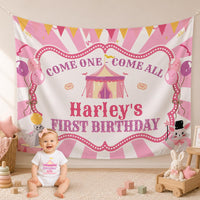 Custom First Birthday Girl Shirt with Pastel Circus Tent Design, Soft Pink Carnival Outfit, Baby Party Banner and Big Top Theme Decor