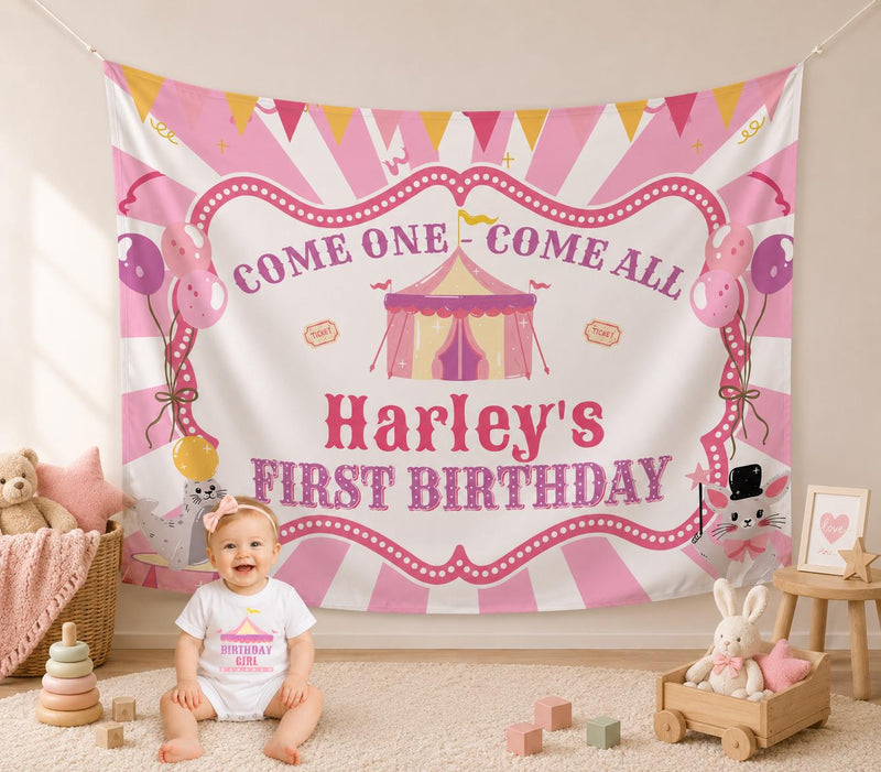 Custom First Birthday Girl Shirt with Pastel Circus Tent Design, Soft Pink Carnival Outfit, Baby Party Banner and Big Top Theme Decor