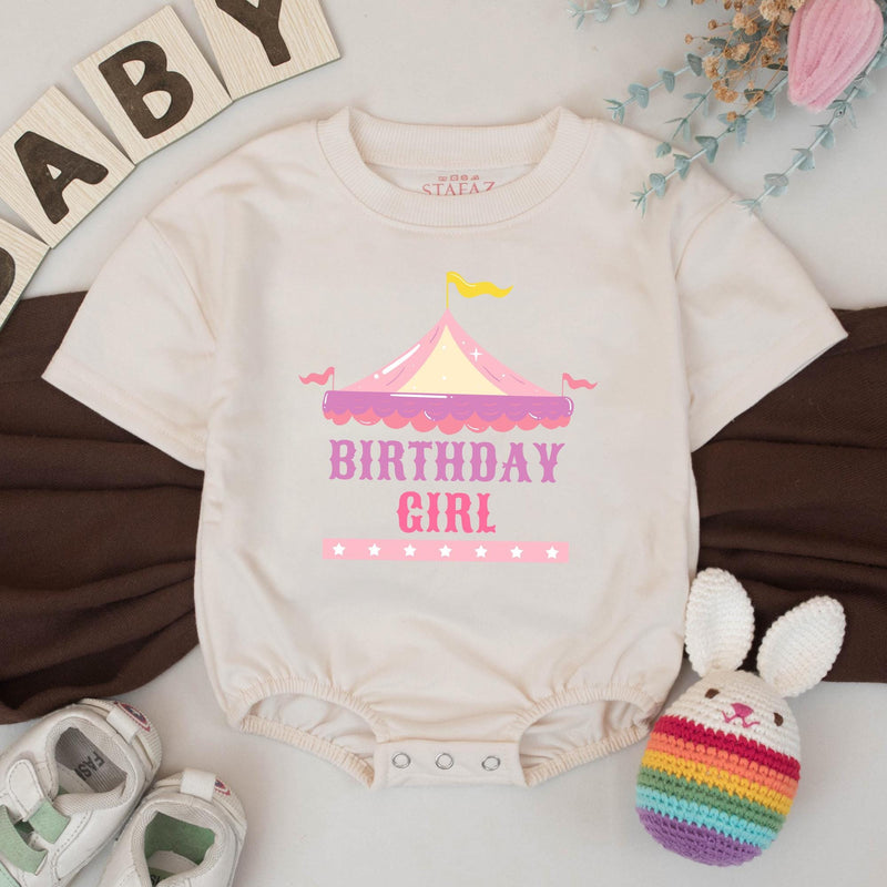 Custom First Birthday Girl Shirt with Pastel Circus Tent Design, Soft Pink Carnival Outfit, Baby Party Banner and Big Top Theme Decor